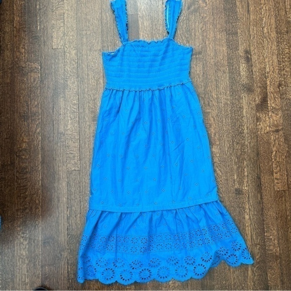 Betsey Johnson Blue Eyelet Midi Dress Size Large Smocked Bodice Tiered - Picture 2 of 10